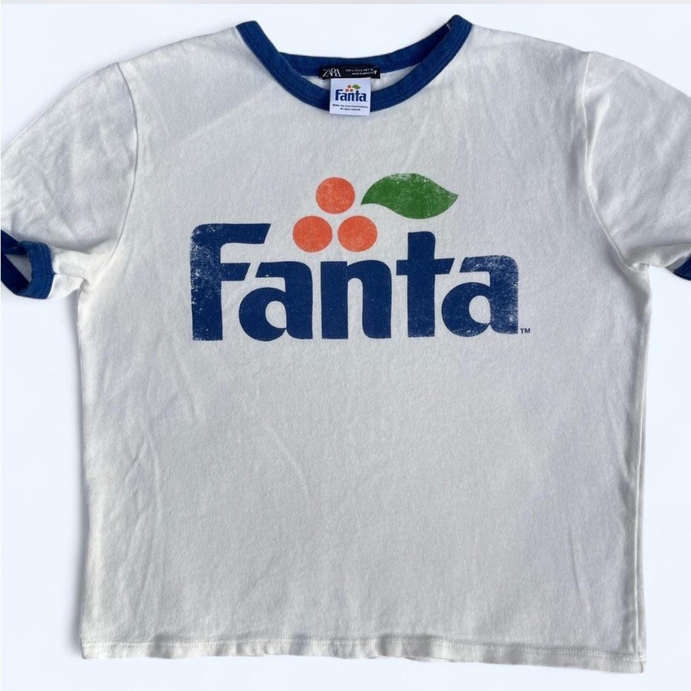 Zara White Tee with Blue and Orange Fanta Logo L